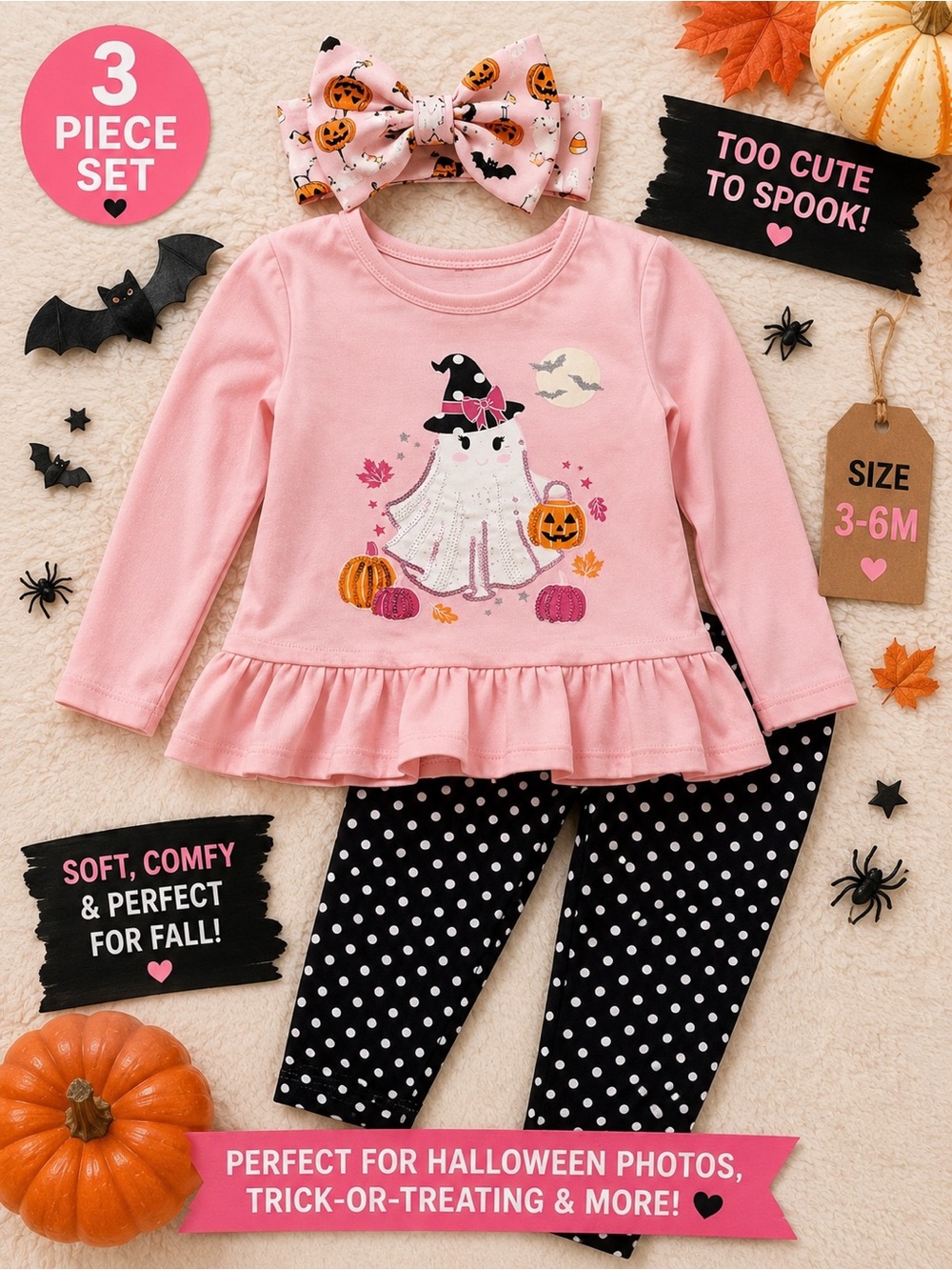 Cynthia Rowley Pink Ghost Halloween Outfit with Black Polka Dot Pants (3-Piece)
